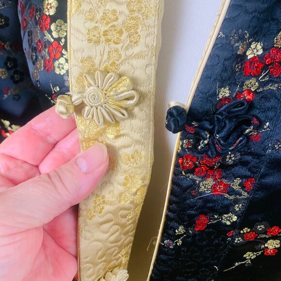 Vintage Chinese Sz L Style Gold Silky Reversible Jacket Floral Embroidered Retro - Picture 14 of 16
